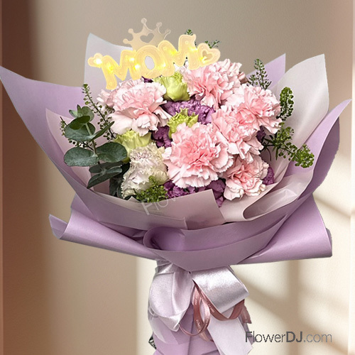 紫色浪漫-進口康乃馨花束送台北-加贈MOM燈飾