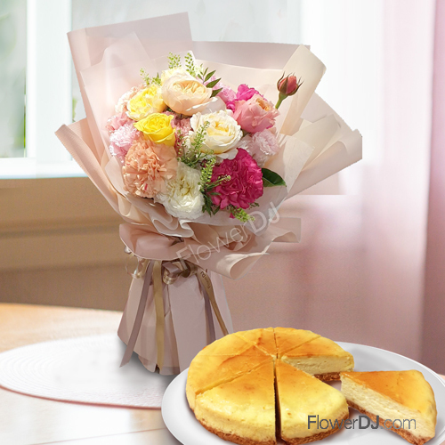 滿馨欣喜-康乃馨花束送素食檸檬乳酪蛋糕