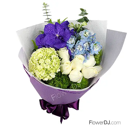 紫色魅惑-白玫瑰花束