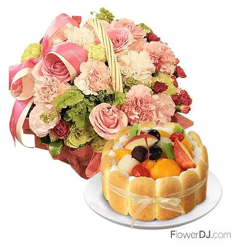 提起幸福-提籃式康乃馨盆花+6吋精選蛋糕