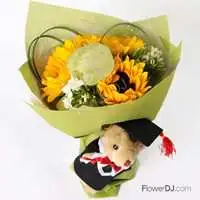 畢業小熊的祝福-向日葵花束
