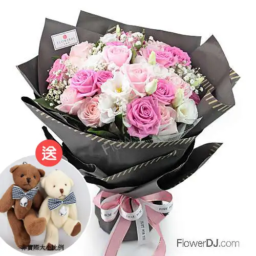 玫瑰花束 情人節推薦送花 -送4吋吊飾鑽飾熊一對